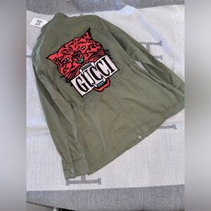 NWT Upcycled “Gucci” embroidered Tiger patch olive green field jacket size Small